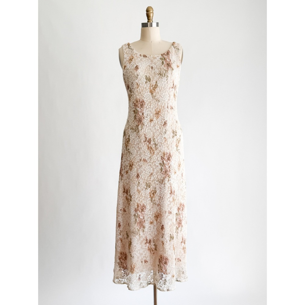 Studio Connection Floral Lace Maxi Dress Vintage Romantic Cream Tan L Sleeveless